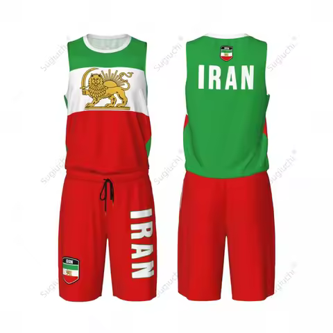 Men Iran Flag Lion And Sun Persia Miga Basketball Jersey Set Mesh Shirt & Pants Sleeveless Exclusive