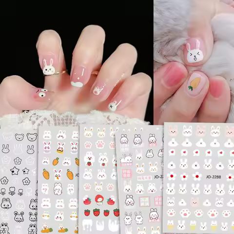 Cartoon Bunny Nail Art Sticker Cute Strawberry Carrot Little White Rabbit Design Nail Decoration Dec