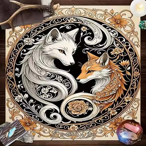 Yin Yang Fox Altar Cloth Mystical Kitsune Tarot Mat Wiccan Spiritual Divination Tablecloth for Ritua
