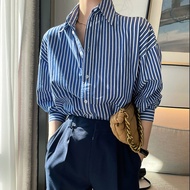 Women's 2025 Blue & White Stripe Long Sleeve Shirt - Slimming Style for Spring | CY0918