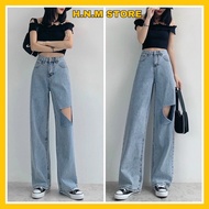 H.N.M STORE fashion blue ripped wide-leg women's jeans