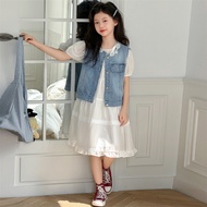 Girl White Dress and Denim Vest Summer Children Suit Suitable for Height 110-170cm Weight 15-50kg