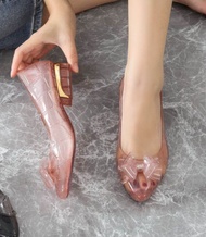 Sepatu Wanita Karet jelly Import Bening Transparan Lis Gold hak 3 cm L761