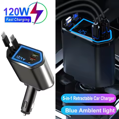 120W 5 In 1 Retractable Car Charger USB C Cable 3 Ports with Retractable Cords with Volt Display For