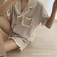 Korean Pajama for Women Summer Loungewear Sleepwear Sets Girls Sweet Plaid Lapel Pyjama Kawaii Ruffl