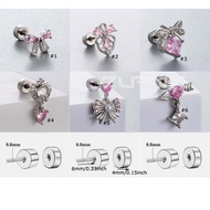 1 Piece Pink Zircon Bowknot Shape Cartilage Earring Stud Helix Piercing 20Gauge