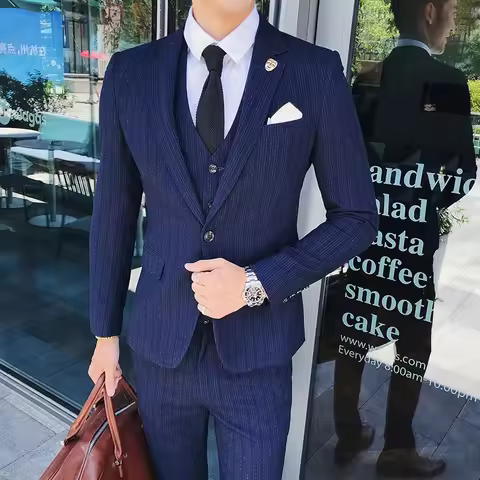 Suit New style (Blazer+ Vest + Pants) Men's Fashion Business Stripe Slim Fit Gentleman Wedding Casua