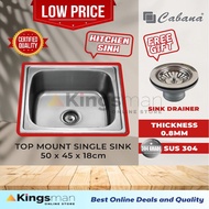 [Kingsman] Cabana Top Mount Single Bowl 304 Stainless Steel Kitchen Sink Dapur Sinki Ready Stock - CKS5045