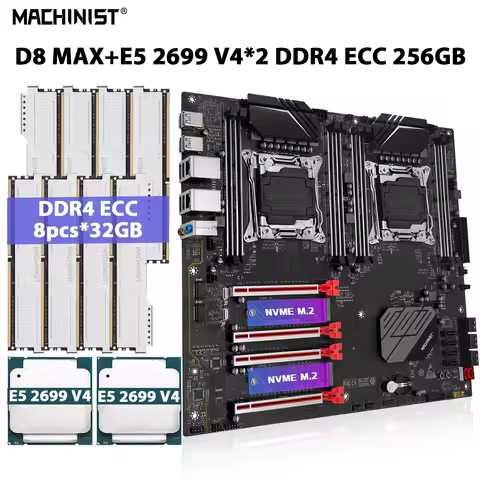 MACHINIST X99 D8 MAX Motherboard Set LGA 2011-3 Kit Xeon E5 2699 V4 Processor CPU*2 DDR4 256GB(8pcs*