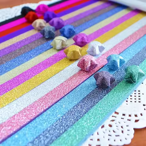 60pcs/lot Folding Kit Lucky Origami Rainbow Color Pure Color Pearl Shine Paper Wish Star Paper Strip