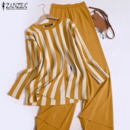 Zanzea เสื้อยืดเดรสลายแขนยาวสีตัดกันสำหรับผู้หญิงเสื้อยืดคอกลมชุดลำลอง #241114