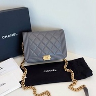 近新品 香奈兒/Chanel 灰色金扣荔枝皮leboy WOC鏈條包 芯片款