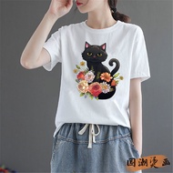 Heat Transfer New Style Black Cat Pattern Printing Beautiful Flower Cat Hot Stamping Sticker T-Shirt