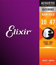 (ของแท้)สายกีตาร์โปร่ง เบอร์ 10 Elixir® Nanoweb เคลือบ Bronze ( Extra Light .010 - .047) #11002