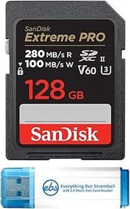 SanDisk 128GB SD Extreme Pro UHS-II Memory Card Works with Sony a7CR, a7Cm2, a6700 Mirrorless Cameras (SDSDXEP-128G-GN4IN) V60 Bundle with (1) Everything But Stromboli 3.0 Micro &amp; SDXC Card Reader