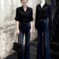 Zhao Lusi Xu Yan Star Same Style Black Lapel Shirt Shirt Women 2026 Early Spring Hong Kong Style Gia