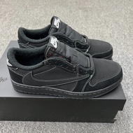 Ready stock Travis Scott x Air 1 AJ1 LOW OG "Black Phantom" OFF-WHITE basketball shoes all black uni