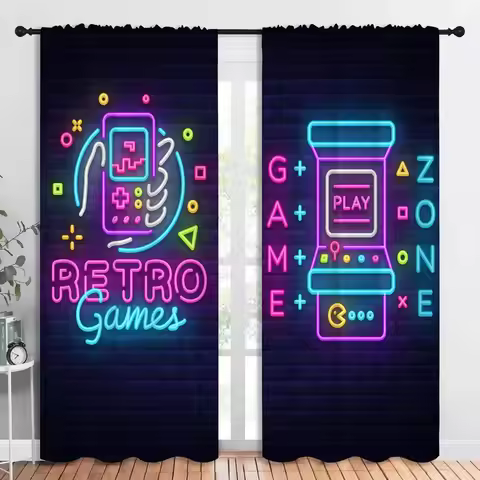 Art Retro Game and Arcade Game Rod Pocket Blackout Curtains for Boy Girl Bedroom, Video Gaming Gamep