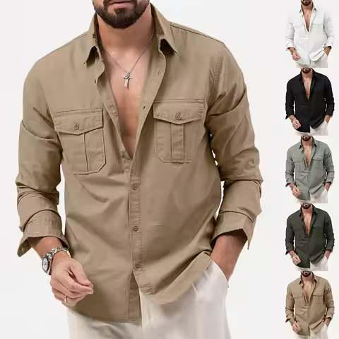 2023 Autumn New Work Clothes Casual Long Sleeve Men's Shirt Double Pocket European American Style Ja