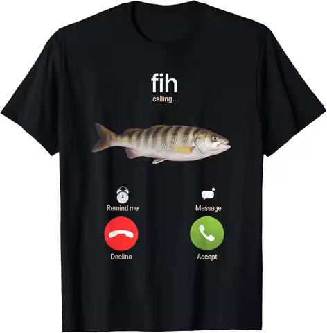 Funny Fish Calling Print “fih Calling...” Text Casual T-Shirt Print T Shirt Retro O-Neck Fashion Ove