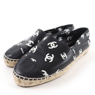 成色極佳 香奈兒 G38628 Coco Mark 草編鞋 平底皮鞋 黑色 白色 37碼 女款