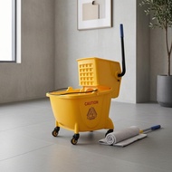 Wringer Pail Trolley Wheeled Mop Pail Wringer Cleaning Equipment Blue Grip Warning Graphic