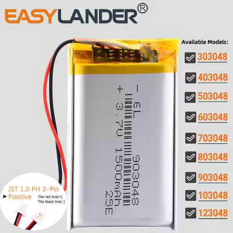 JST1.0 2P 3.7V 703048 1000mAh Lithium Polymer Rechargeable Lipo Battery 303048 403048 503048 603048 