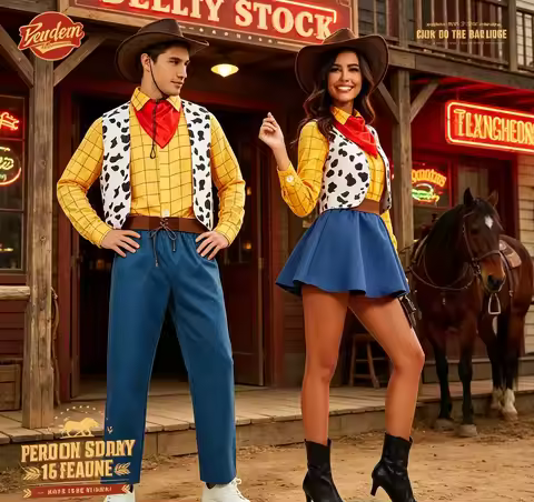 New Halloween Woody Costume Family Matching Outfits Couple Cosplay Woody Sheriff Clothes Carnival Sh