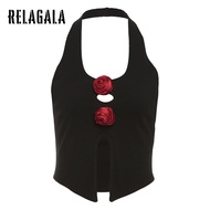 RelaGala Women's 2024 New Casual Solid Color Slim Street Fashion U Neck Neck Halter Crop Top