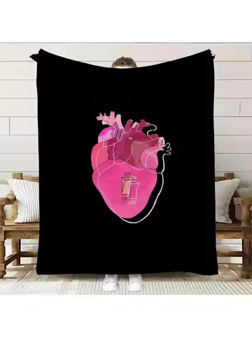 1pc Heart Anatomy Chart Flannel Blanket - 280gsm Soft Pink & Black Medical-Themed Throw with Labeled