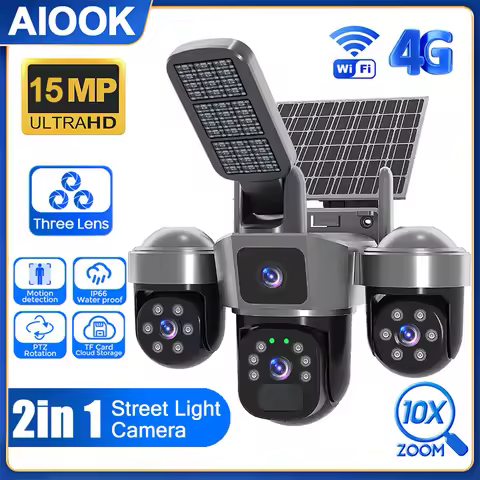 AIOOK 2in1 Solar Street Light Camera Outdoor Waterproof HD Triple Lens WiFi 4G V380 Pro Camera Night