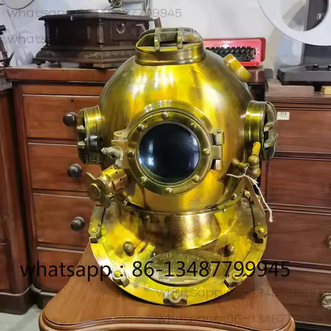 Featuring antique and retro US Navy diving helmet, antique copper metal hat, 18 inch large ornament