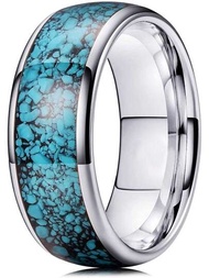 1個時尚的8mm男性銀色不銹鋼戒指,鑲嵌藍色鮑魚殼訂婚戒指男女婚戒珠寶首飾禮物