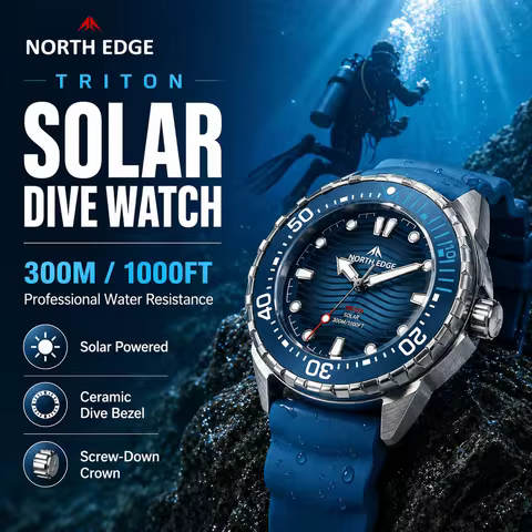 North Edge TRITON Dive Watch for Diver Outdoor Enthusiast Solar Charging 300M Water-Resistant Advent