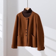 輕盈保暖羊毛混紡雙面短版大衣 金棕色 260107-2
