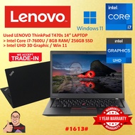 #1613 USED LENOVO THINKPAD Intel Core i7-7600U 8G 256GB SSD INTEL UHD 14" INCH HD 1 Year Warranty TR