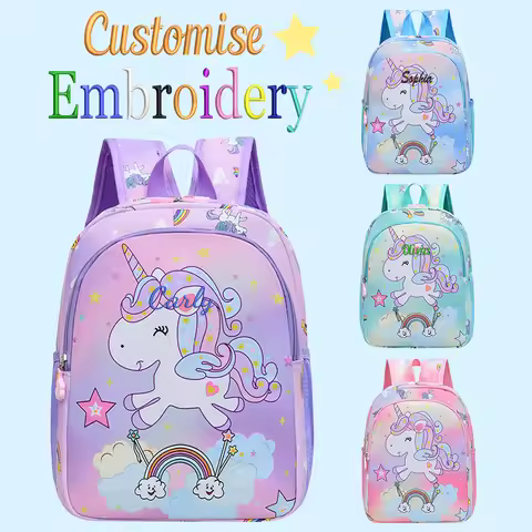 Embroidered custom Cute cartoon rainbow unicorn print, available in 4 colours, stylish double-should