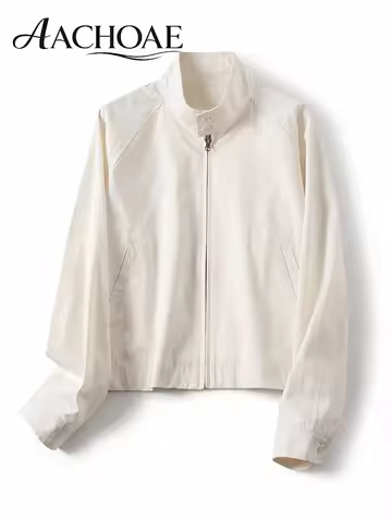 AACHOAE Women Cotton Harrington Jacket Stand Collar Zip Up Windbreaker Jacket Casual Cropped Windbre