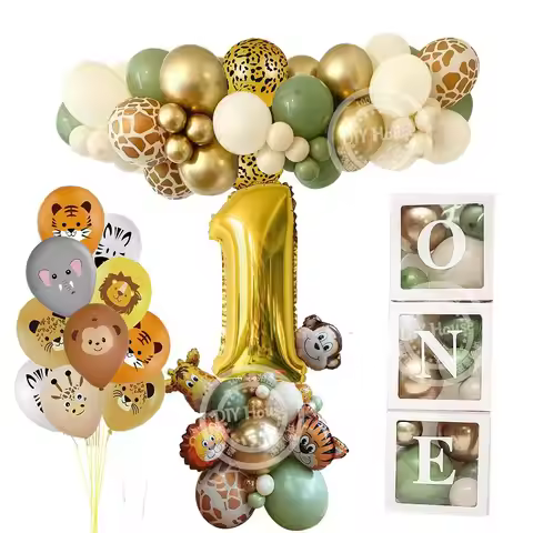 Wild Animal Balloon Tower with Gold 1-9 Number Balloon for Boy's Jungle Safari Birthday Party Decora