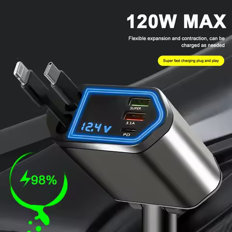 120W Car Charger 5-in-1 Retractable Cigarette Lighter Adapter USB Type C Fast Charging Cable with Vo