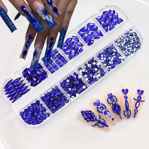 12Grids 3D Sapphire Blue Nail Art Rhinestones Mixed 7Shapes Flat-back Glass Diamonds Nails Decoratio