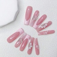 10Pcs Extra Long Nails Y2K Pink French Style & Full Of Sparkling Rhinestones And 3D Hand Drawn Flowe