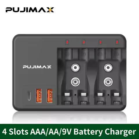 PUJIMAX 4-Slot Multi-purpose Battery Charger for 1.2V AA/AAA Ni-MH/Ni-Cd or 9V NiMH/Li-ion Rechargea