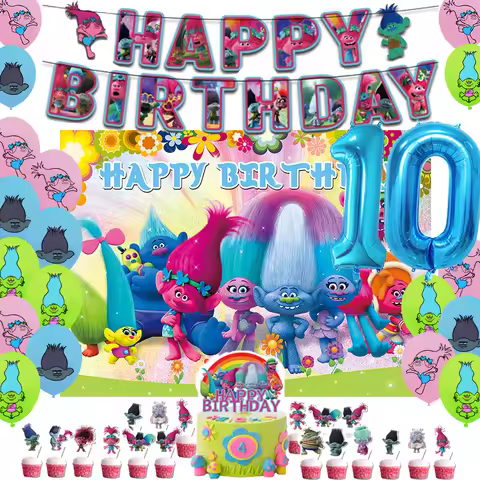 Cartoon-TROLLS Theme Children Birthday Party Digital Balloon Banner Background Cake Topper Decoratio