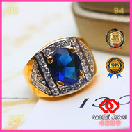 **แหวนทอง ประดับพลอยสีน้ำเงินไพลิน ล้อมเพชร Blue CZ Ring** แหวน พลอยสีประจำวันเกิด เสริมดวง แหวนพลอย