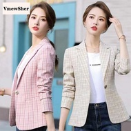VmewSher New Elegant Autumn Women Casual Plaid Blazer Slim Single Button Long Sleeve Lady Chic Pink Short Jacket Cute Outwear