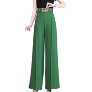 Women Suit Pants High Waist Straight Wide Leg Long Pants with Pockets Solid Color Chain Decor Elasti