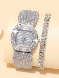 1入組女性銀色鋅合金錶帶迷人鑽石裝飾幾何錶盤石英錶和2入組手鐲，適用於派對假期