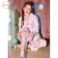 ชุดนอนผู้หญิง Gukoo Spring 2025 ลายเสือดาว ผ้าฝ้ายผสมโพลีเอสเตอร์และยางยืด แขนยาว กระโปรงยาวปานกลาง