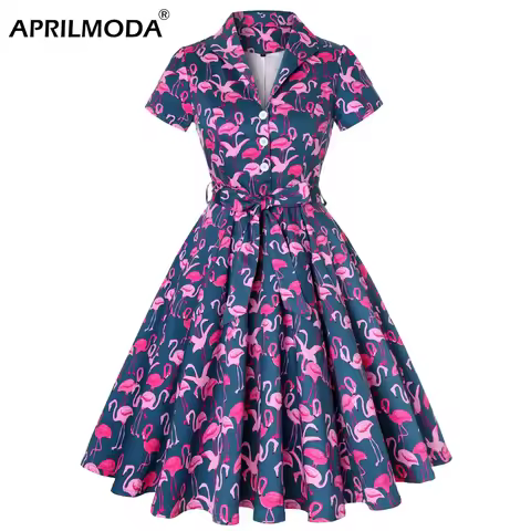 Parrot Flamingo Women Tunic Vintage Dress Short Sleeve 50s Runway Rockabilly Vestido Pinup Business 
